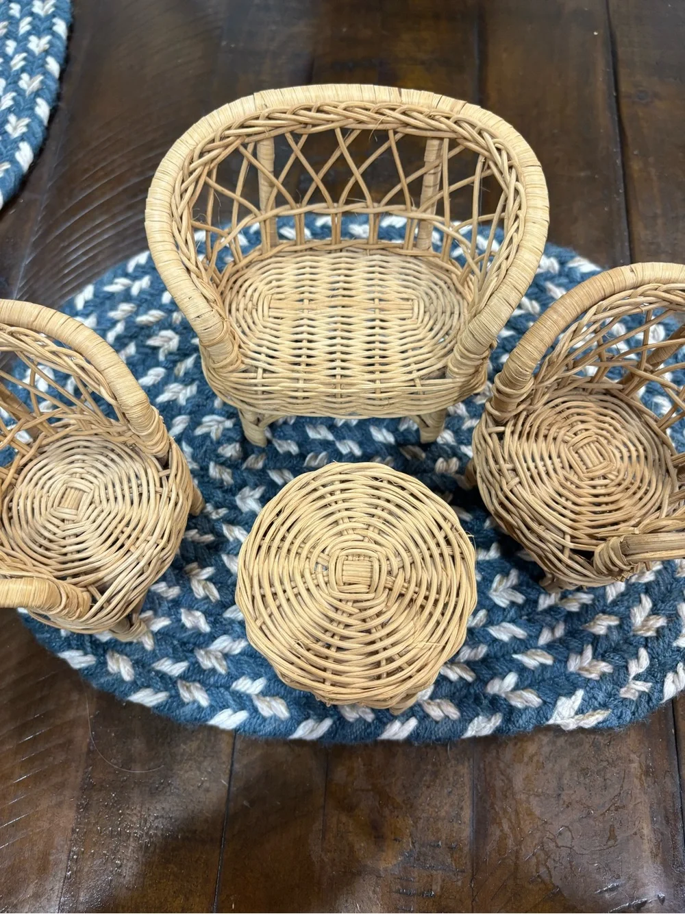Vintage 70's  80's Natural Wicker Doll House Chair and Table Set